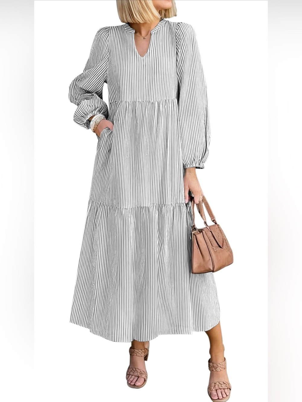 NEW Maxi Pinstripe Long Sleeve Tiered Cotton Blend Dress A New Day Nautical Sml